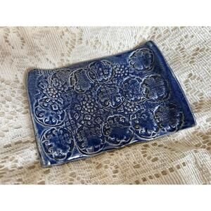 Handmade Blue Ceramic Decorative Tray with Textured Design